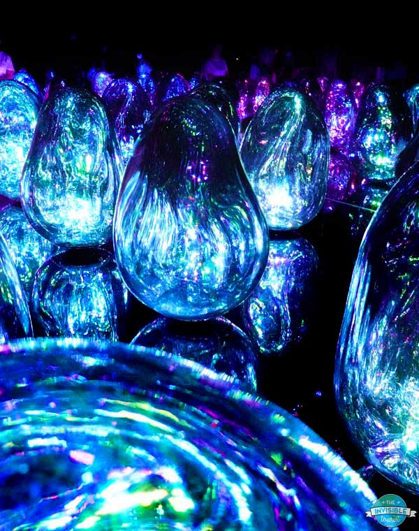 Colourful, light-filled giant beans on a reflecting surface in a dark room