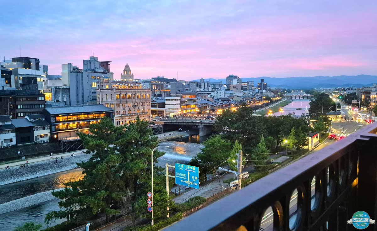 Kyoto summer sunset from the rooftop restaurant at Kamogawa Sky Garden