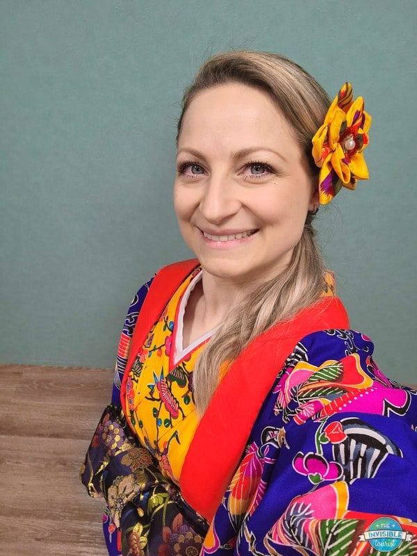 Alyse wearing traditional Ryukyu ryuso at Veni in Naha, Okinawa