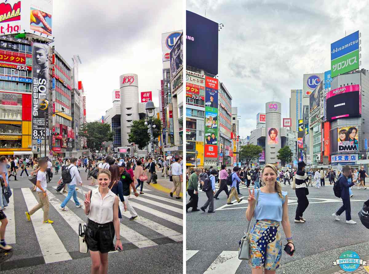 Alyse at the Shibuya Crossing in Tokyo on her first trip to Japan in August 2014 and again on her 14th trip in October 2026
