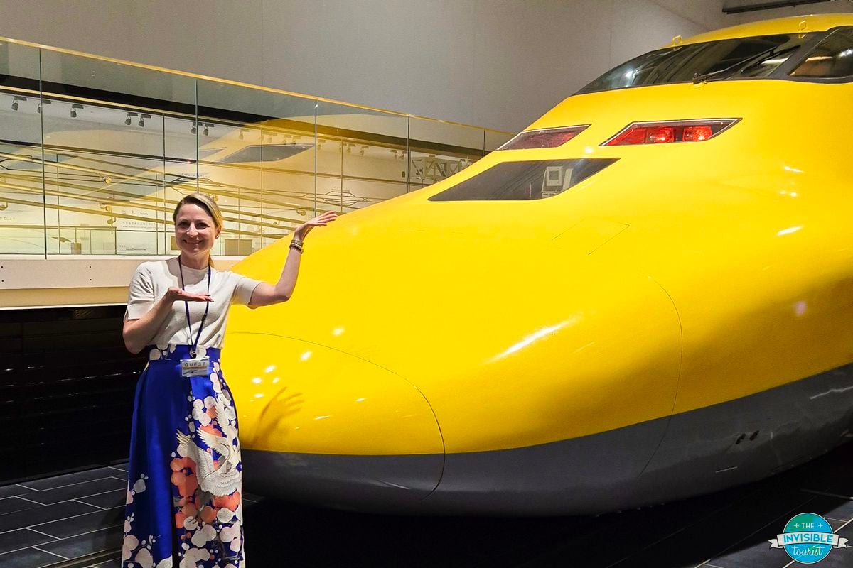 Alyse with the Dr Yellow inspection Shinkansen at the SCMaglev and Railway Park, Nagoya
