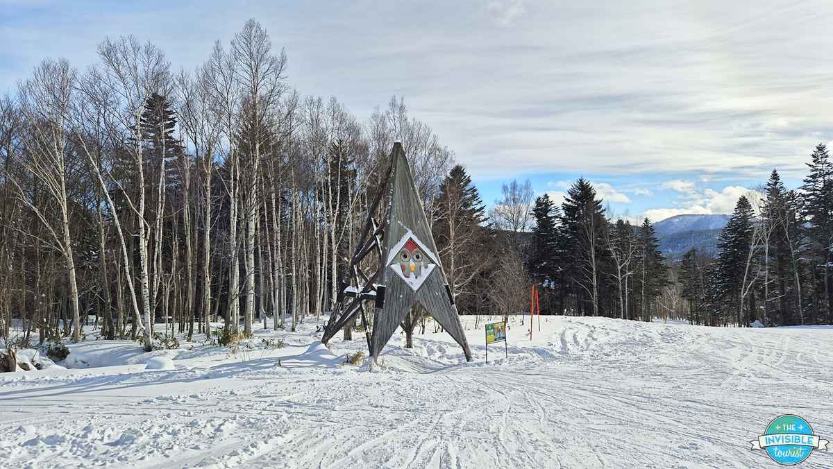 Star shaped wooden sculpture at the entrance to the Forest Maze ski run, Tomamu