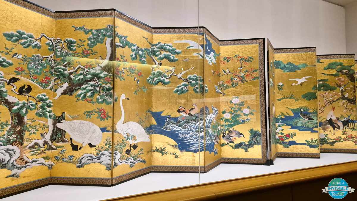 Gold folding screens painted with cranes and pine trees at The Tokugawa Art Museum, Nagoya