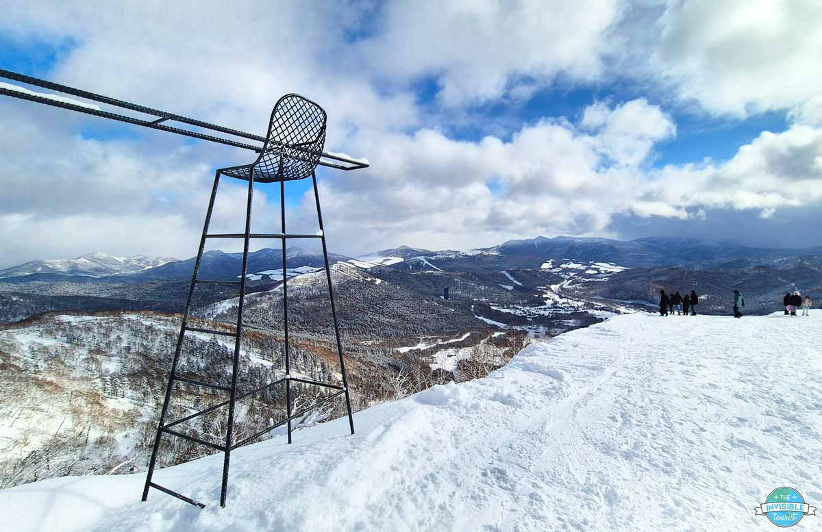 Cloud Bar seats overlooking snowy mountains at the Terrace of Frosted Tree, Tomamu