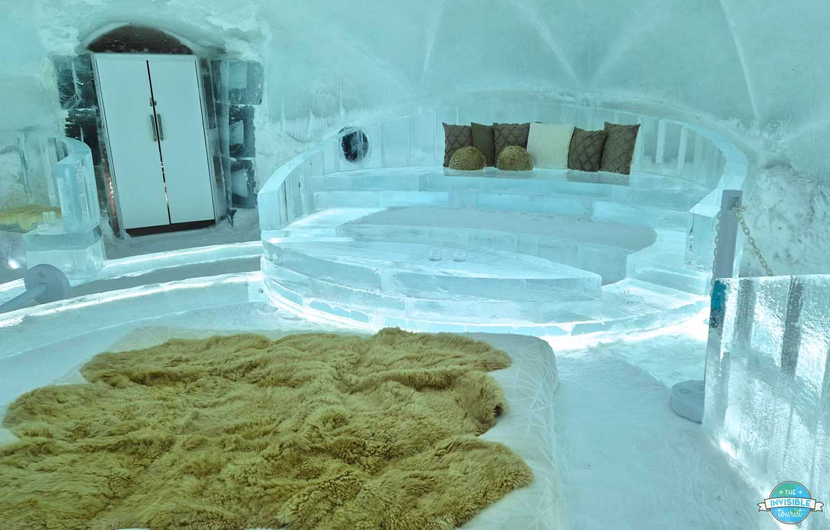 Inside the ice hotel room made of ice at the Tomamu Ice Village