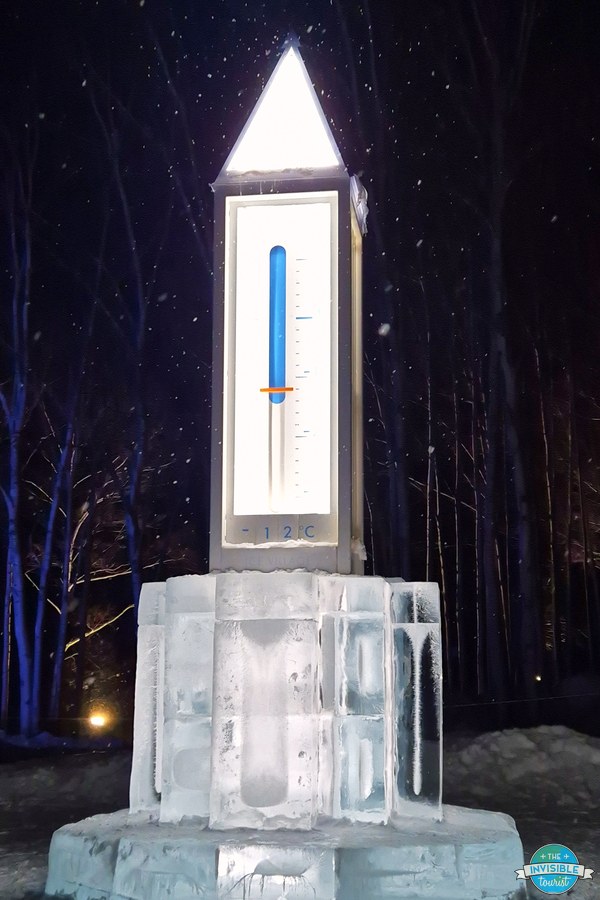 Giant ice thermometer reading minus 12 degrees at night in the Tomamu Ice Village