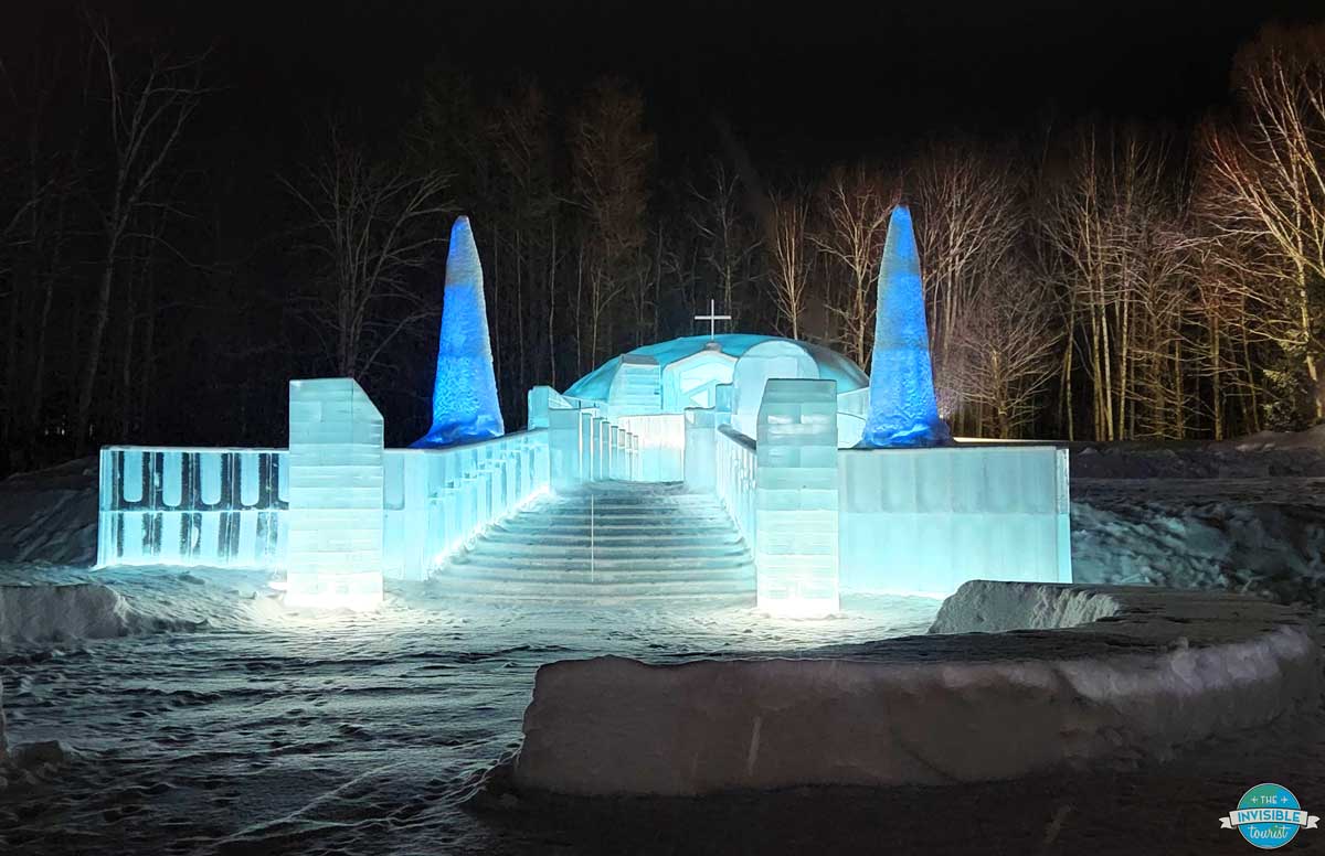 Ice Chapel lit up at night in the Tomamu Ice Village, Hokkaido