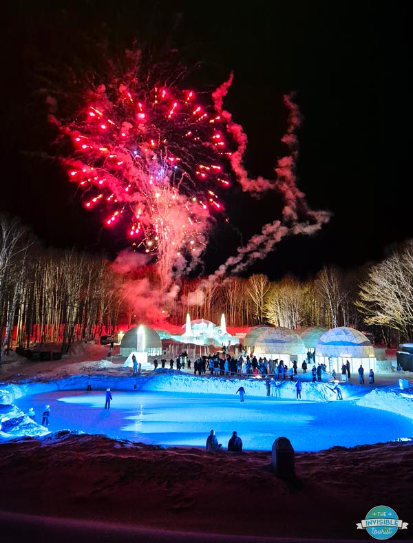 Fireworks over the ice rink at the Tomamu Ice Village