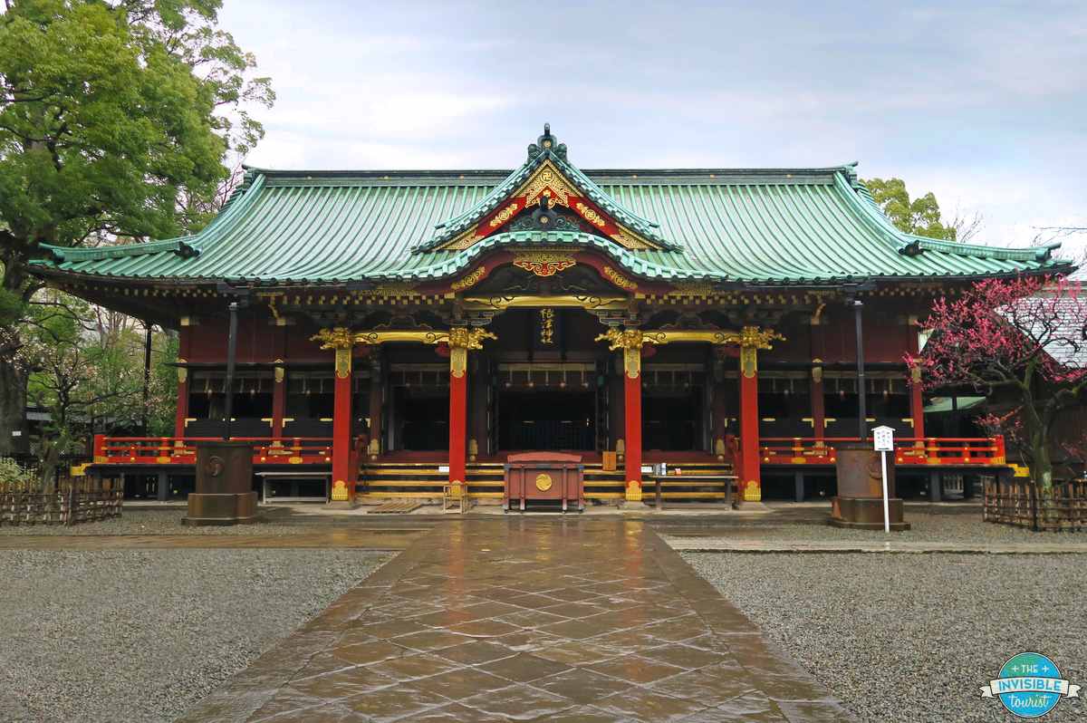 Nezu Shrine's main hall on a quiet, rainy day in March 2020, Tokyo