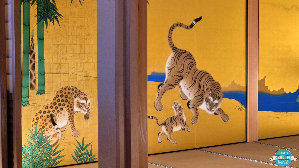 Tiger and leopard paintings on gold sliding doors in the Entrance Hall of Hommaru Palace, Nagoya Castle